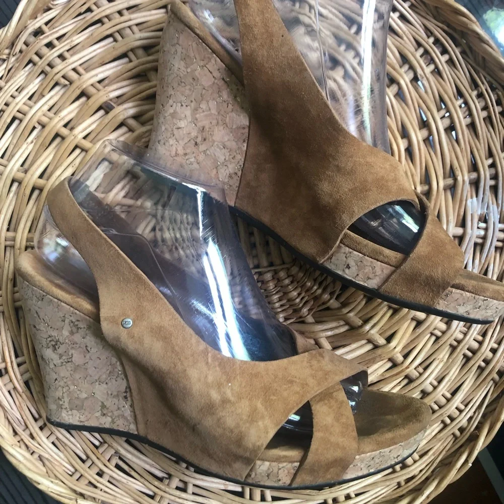UGG Australia Suede Cork Wedge Heels Sandals - Picture 3 of 9